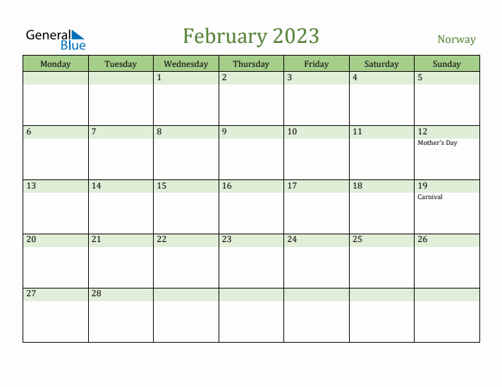 February 2023 Calendar with Norway Holidays