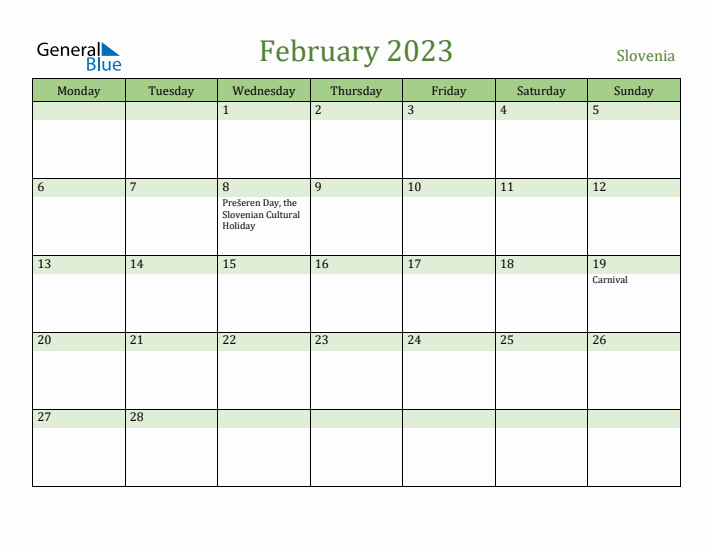 February 2023 Calendar with Slovenia Holidays