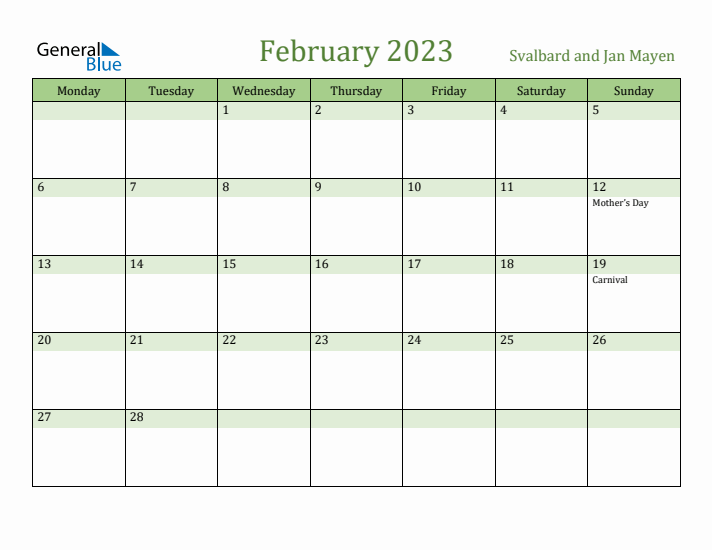 February 2023 Calendar with Svalbard and Jan Mayen Holidays