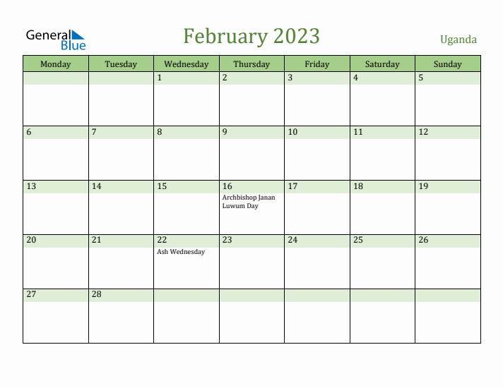 February 2023 Calendar with Uganda Holidays