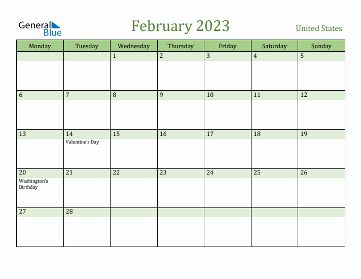 February 2023 Calendar with United States Holidays