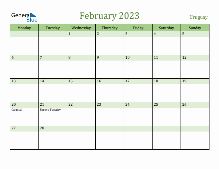 February 2023 Calendar with Uruguay Holidays