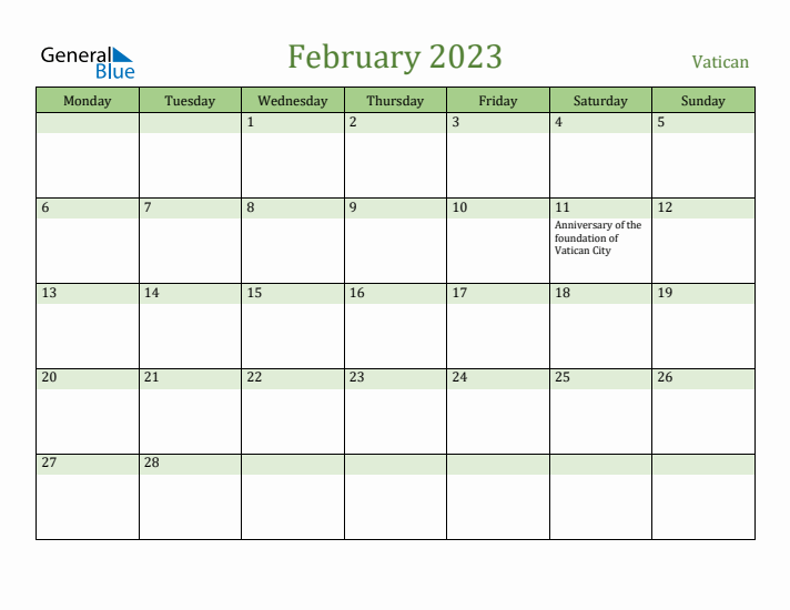 February 2023 Calendar with Vatican Holidays