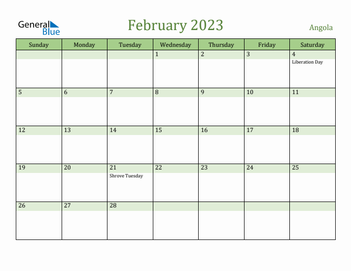 February 2023 Calendar with Angola Holidays