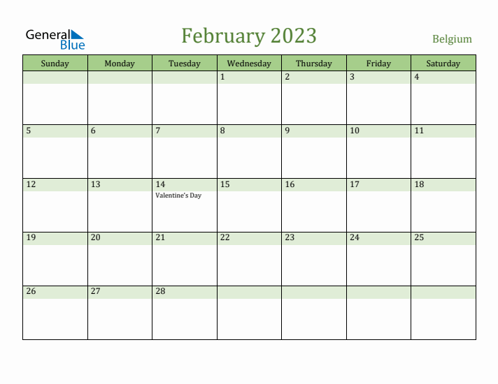 February 2023 Calendar with Belgium Holidays