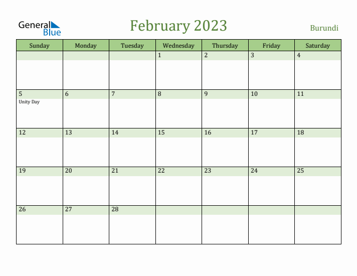 February 2023 Calendar with Burundi Holidays