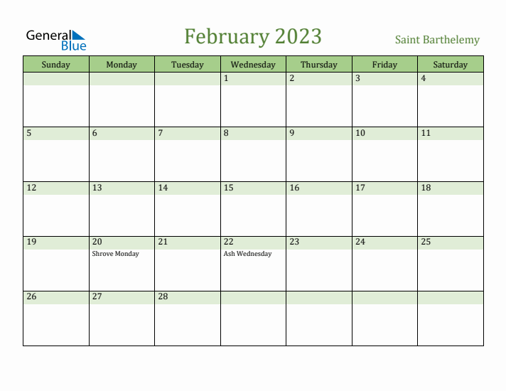 February 2023 Calendar with Saint Barthelemy Holidays