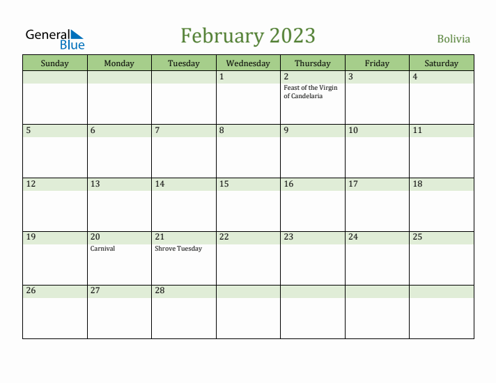 February 2023 Calendar with Bolivia Holidays