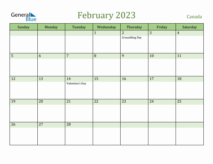 February 2023 Calendar with Canada Holidays