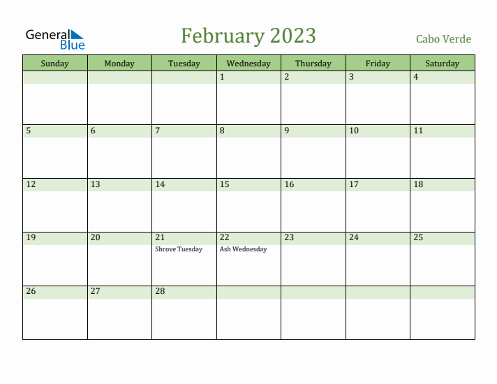 February 2023 Calendar with Cabo Verde Holidays