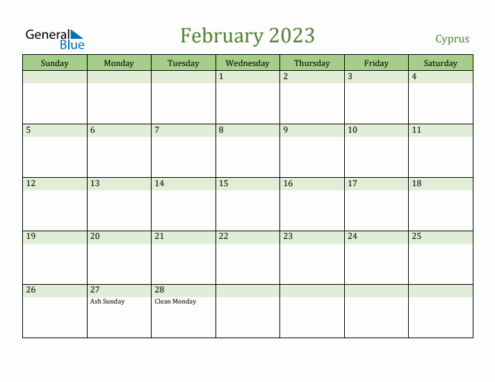 February 2023 Calendar with Cyprus Holidays