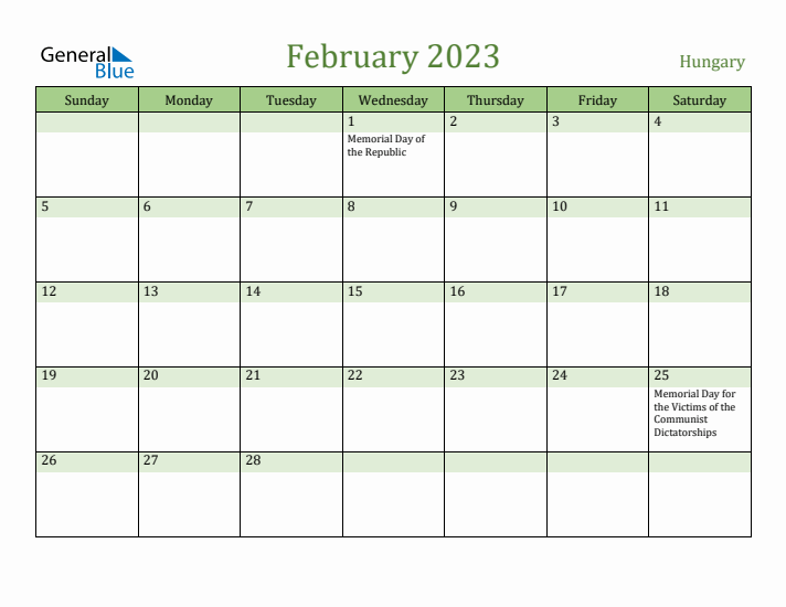 February 2023 Calendar with Hungary Holidays