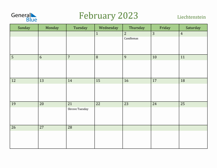 February 2023 Calendar with Liechtenstein Holidays