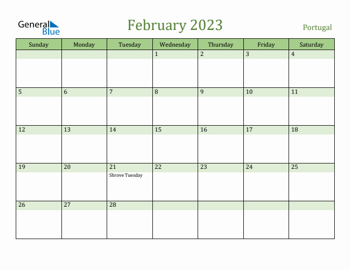 February 2023 Calendar with Portugal Holidays