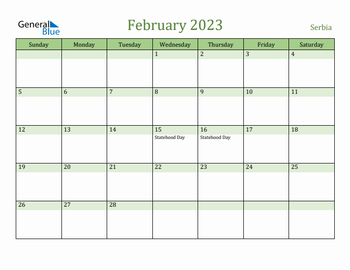 February 2023 Calendar with Serbia Holidays