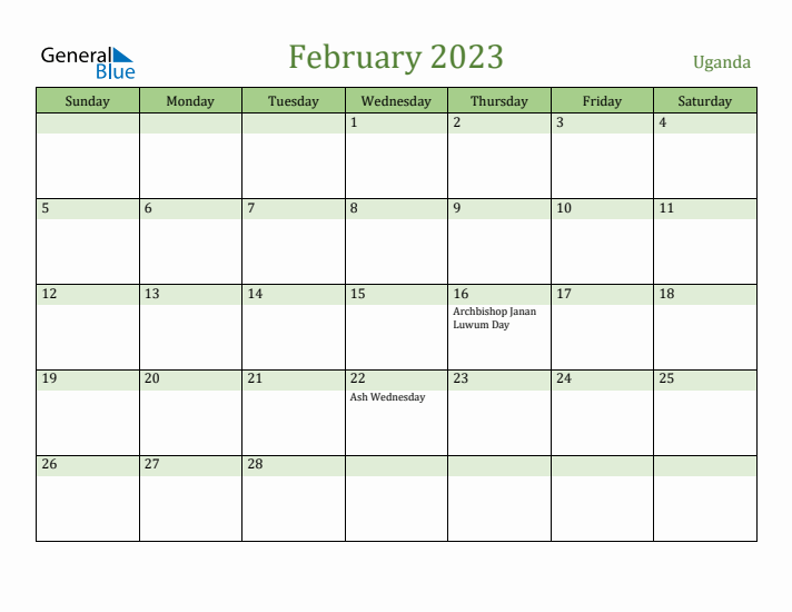 February 2023 Calendar with Uganda Holidays