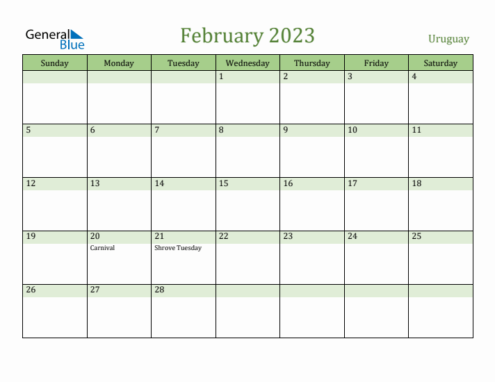 February 2023 Calendar with Uruguay Holidays