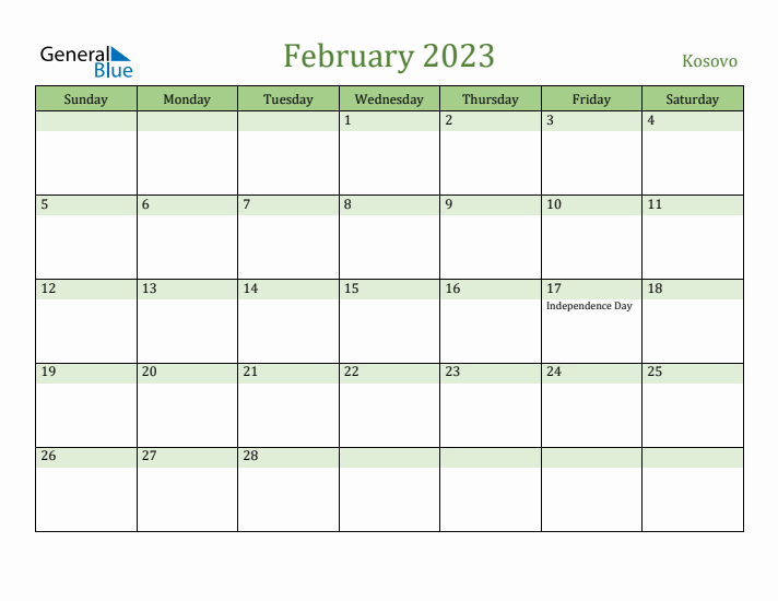 February 2023 Calendar with Kosovo Holidays