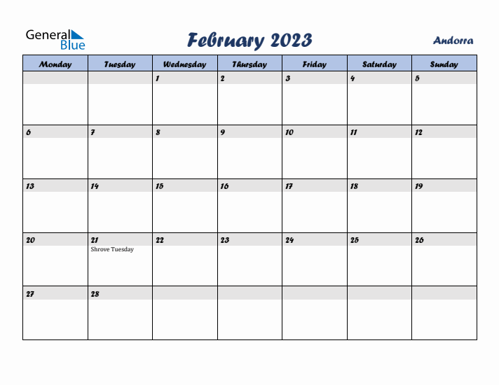 February 2023 Calendar with Holidays in Andorra