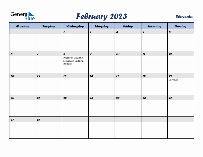 February 2023 Calendar with Holidays in Slovenia