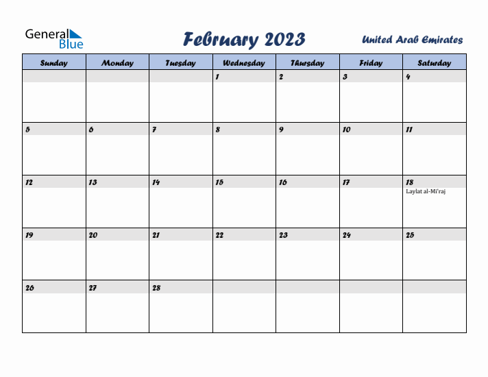 February 2023 Calendar with Holidays in United Arab Emirates