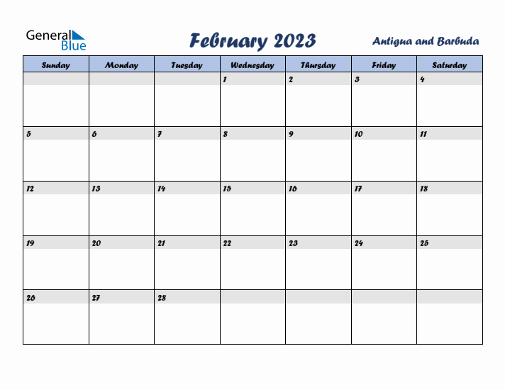 February 2023 Calendar with Holidays in Antigua and Barbuda