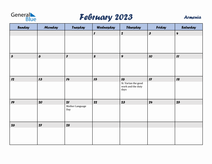 February 2023 Calendar with Holidays in Armenia