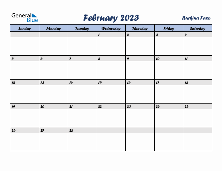 February 2023 Calendar with Holidays in Burkina Faso