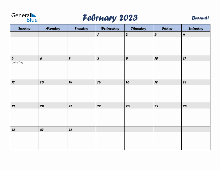 February 2023 Calendar with Holidays in Burundi