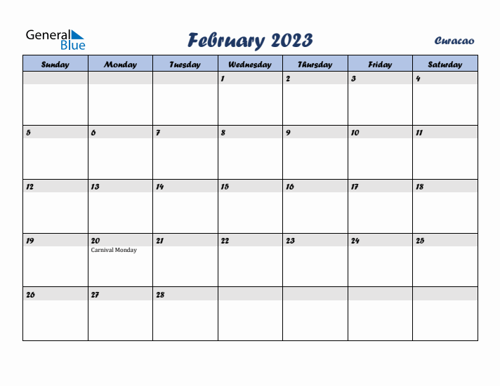 February 2023 Calendar with Holidays in Curacao