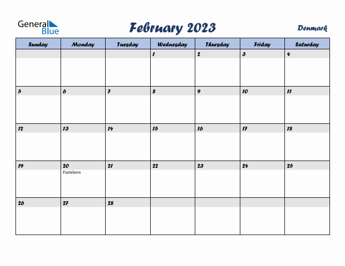 February 2023 Calendar with Holidays in Denmark