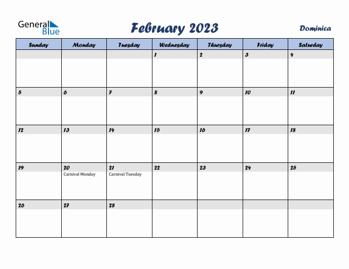 February 2023 Calendar with Holidays in Dominica