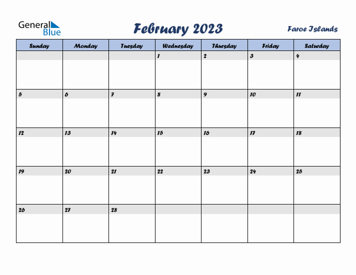 February 2023 Calendar with Holidays in Faroe Islands