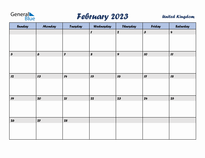 February 2023 Calendar with Holidays in United Kingdom