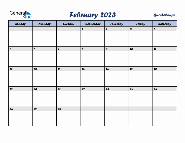 February 2023 Calendar with Holidays in Guadeloupe