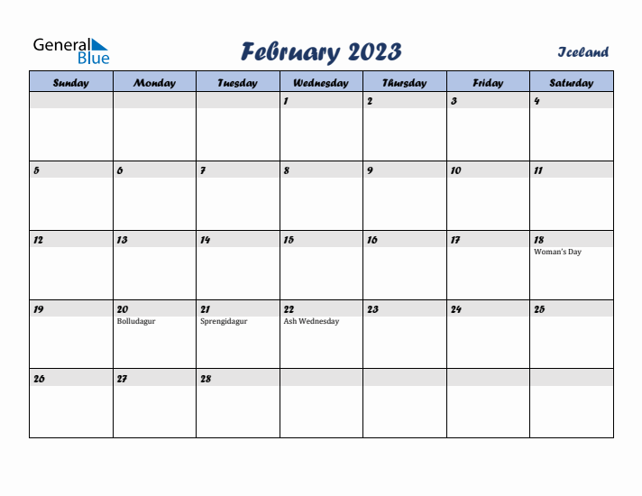 February 2023 Calendar with Holidays in Iceland