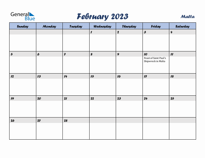 February 2023 Calendar with Holidays in Malta