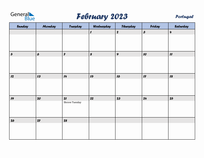 February 2023 Calendar with Holidays in Portugal