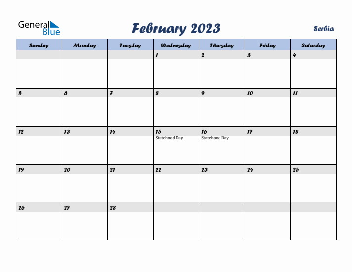 February 2023 Calendar with Holidays in Serbia