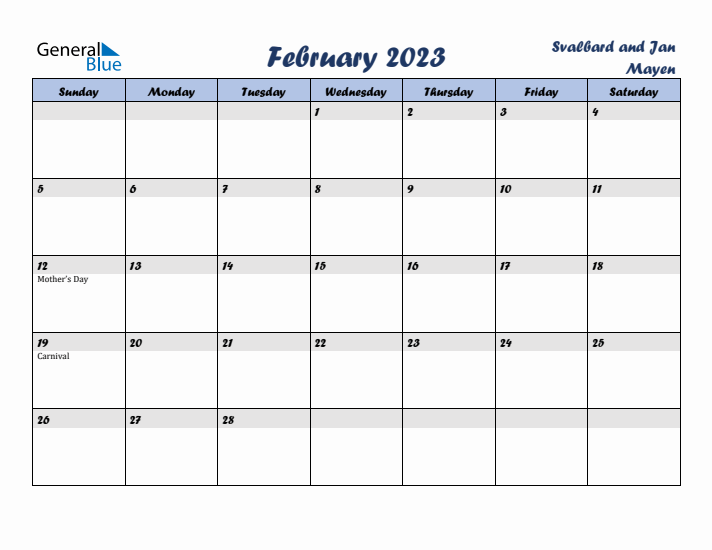 February 2023 Calendar with Holidays in Svalbard and Jan Mayen