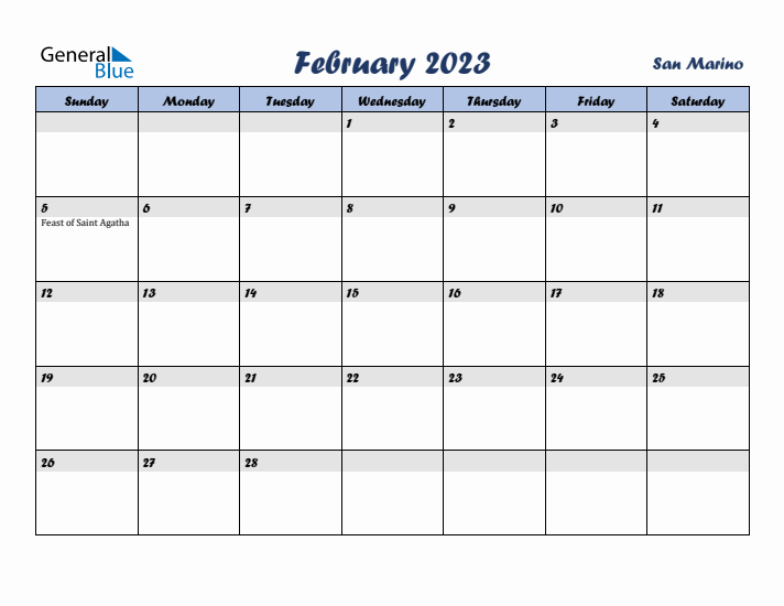 February 2023 Calendar with Holidays in San Marino