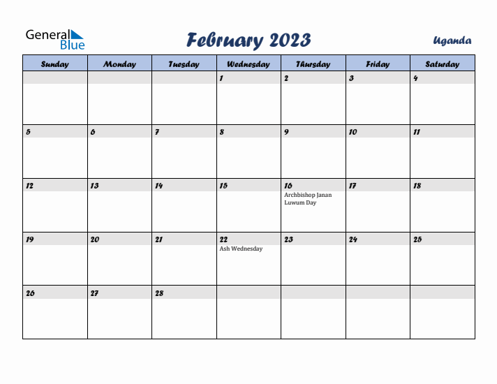 February 2023 Calendar with Holidays in Uganda