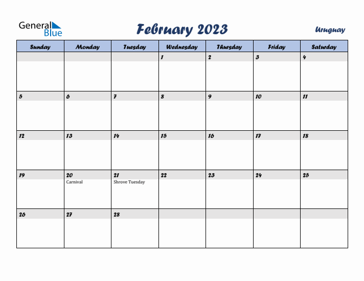 February 2023 Calendar with Holidays in Uruguay