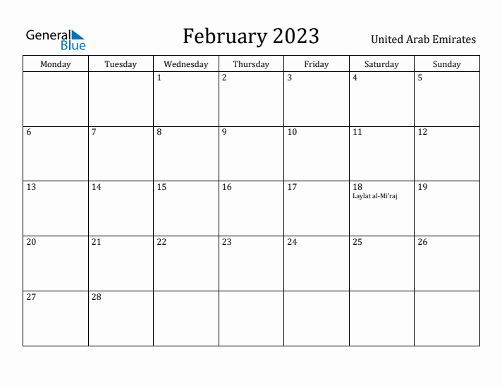 February 2023 Calendar United Arab Emirates