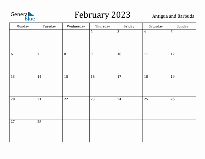 February 2023 Calendar Antigua and Barbuda