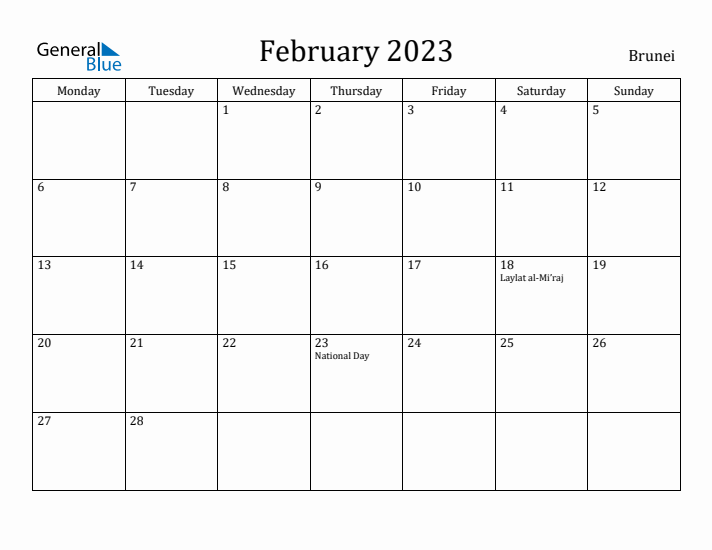 February 2023 Calendar Brunei