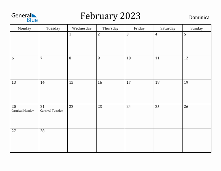 February 2023 Calendar Dominica