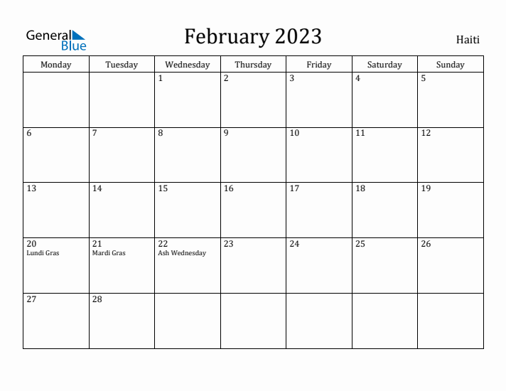 February 2023 Calendar Haiti