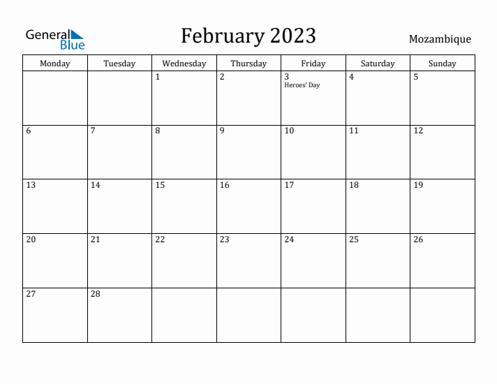 February 2023 Calendar Mozambique