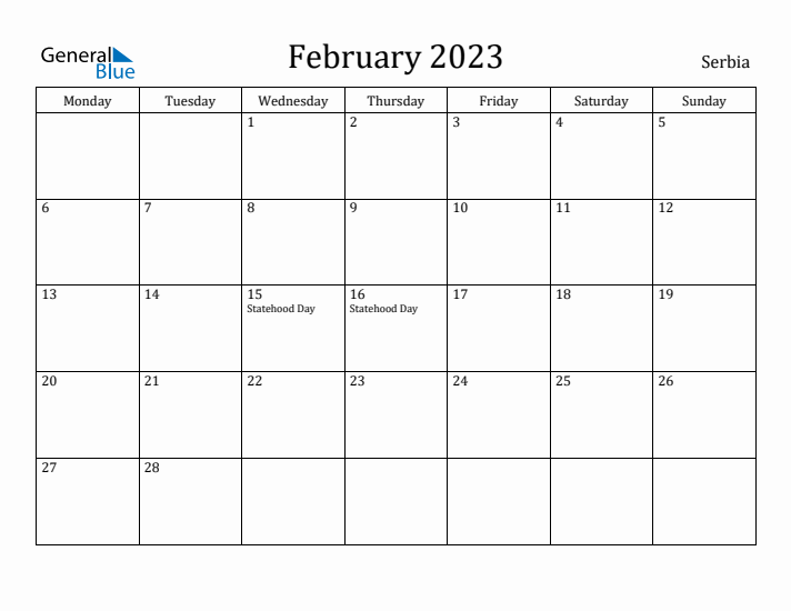 February 2023 Calendar Serbia